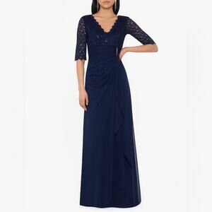 Betsy & Adam “Johanna” 3/4 Sleeve Sheer Matte Jersey Long Dress Navy Sz 10
